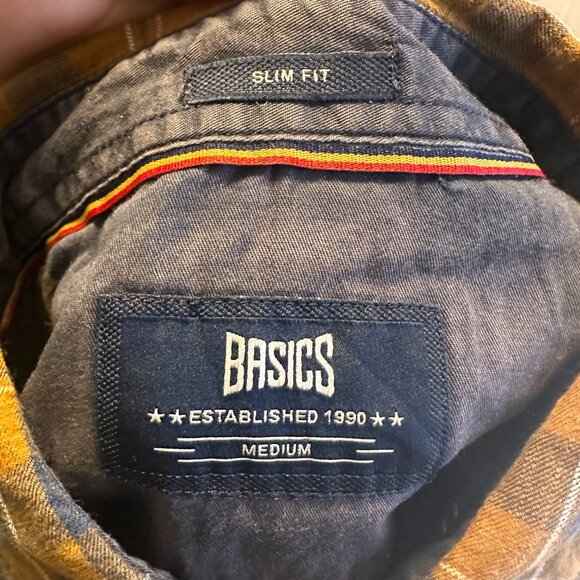 Basics Casual Button Down Mens Medium Brown Navy Plaid Dress Flannel Shirt - Picture 3 of 6